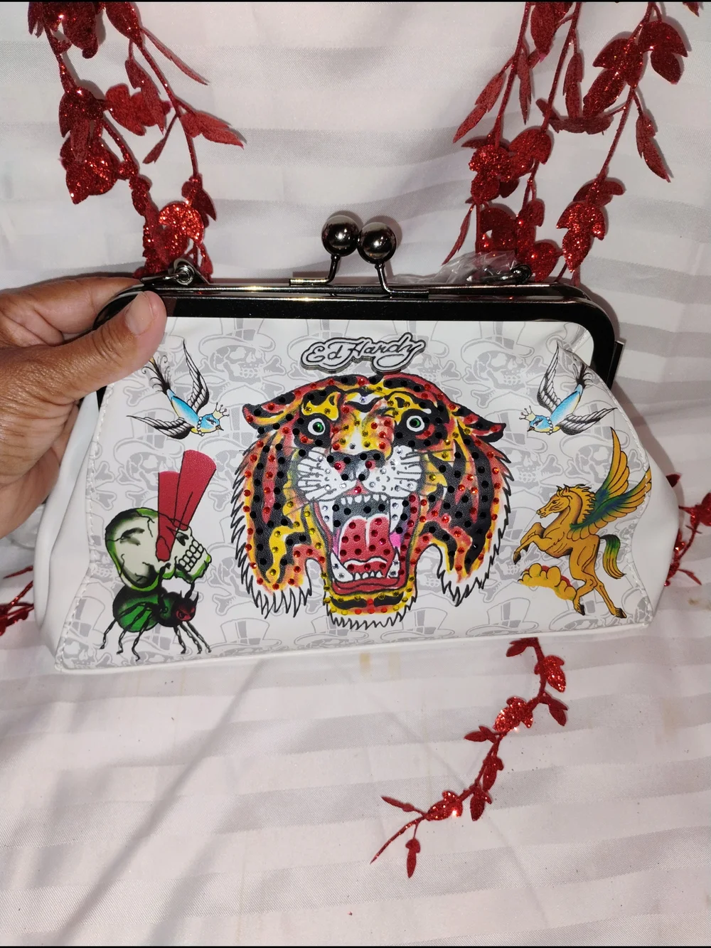 Ed Hardy White Multicolor Tiger Frame Clutch.Detachable Strap.